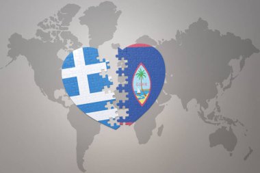 Guam ve Greece 'in ulusal bayrağıyla bir dünya haritasında bulmaca kalbi. 3B illüstrasyon