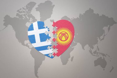 Kırgızistan ve Yunanistan 'ın ulusal bayrağıyla bir dünya haritasında bulmaca kalbi. 3B illüstrasyon
