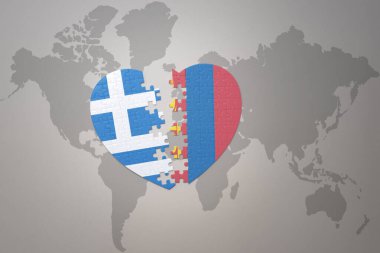 Moğolistan ve Yunanistan 'ın ulusal bayrağıyla bir dünya haritasında bulmaca kalbi. 3B illüstrasyon
