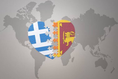 Sri Lanka ve Yunanistan 'ın ulusal bayrağını içeren bir bulmaca kalbi dünya haritasında. 3B illüstrasyon