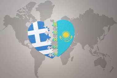 Kazakistan ve Yunanistan 'ın ulusal bayrağıyla ilgili bir bulmaca kalbi dünya haritasında. 3B illüstrasyon