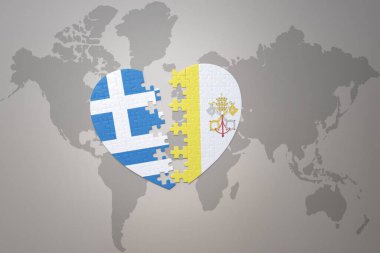 Vatikan ve Yunanistan 'ın ulusal bayrağını bir dünya haritasında bulmaca kalbi. Konsept. 3B illüstrasyon