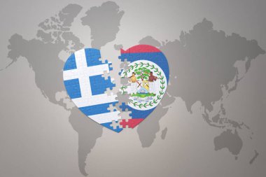 Bir dünya haritasında Belize ve Yunanistan 'ın ulusal bayrağının bulmaca kalbi. 3B illüstrasyon