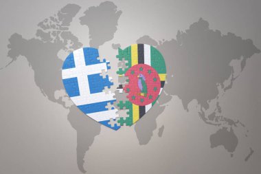 Dominica ve Yunanistan 'ın ulusal bayrağıyla ilgili bir bulmaca kalbi dünya haritasında. 3B illüstrasyon