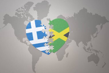 Jamaika ve Yunanistan 'ın ulusal bayrağıyla ilgili bir bulmaca kalbi dünya haritasında. 3B illüstrasyon