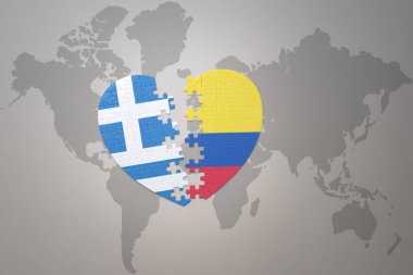 Kolombiya ve Yunanistan 'ın ulusal bayrağıyla ilgili bir bulmaca kalbi dünya haritasında. 3B illüstrasyon