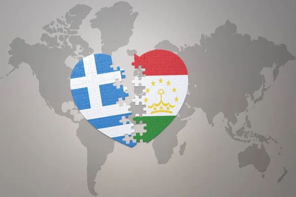 Puzzle Heart National Flag Tajikistan Greece World Map Background Concept — Stock Photo, Image