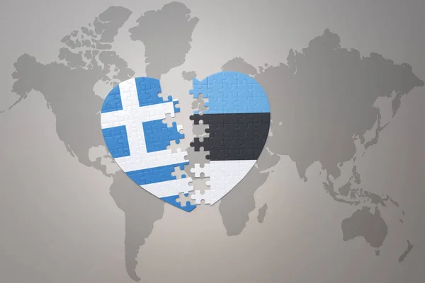 在世界地图的背景上 将国旗和希腊国旗拼凑在一起 3D插图 — 图库照片