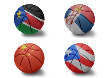 Beyaz arka planda, Güney Sudan Puerto Ricco Serbia 'nın renkli ulusal bayrakları olan basketbol topları. Grup b