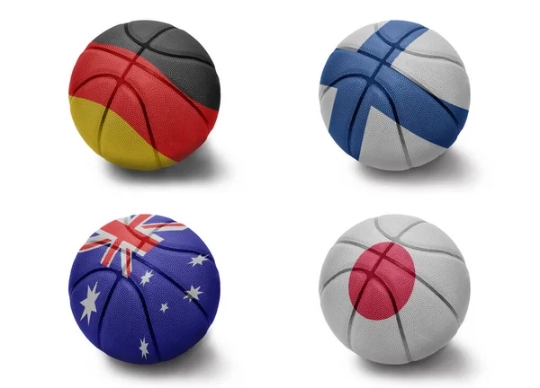Basketbalové Míče Barevnými Národními Vlajkami Německého Finska Japonsko Austrálie Bílém — Stock fotografie