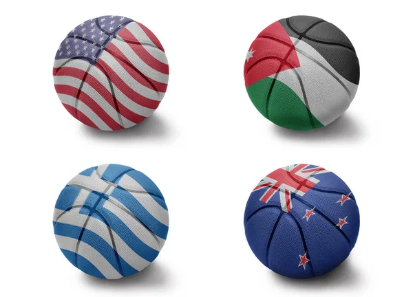 Баскетбольные Мячи Цветными Национальными Флагами Нью Зеландии Объединяют Греческие Штаты — стоковое фото