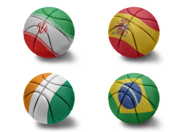 Piłki Koszykówki Kolorowymi Flagami Narodowymi Cote Divoire Iran Brazylijskiej Hiszpańskiej — Zdjęcie stockowe