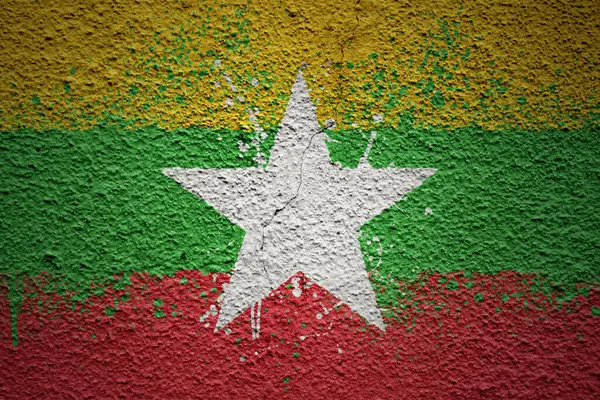 Colorful Painted Big National Flag Myanmar Massive Old Cracked Wall — Stock Photo, Image