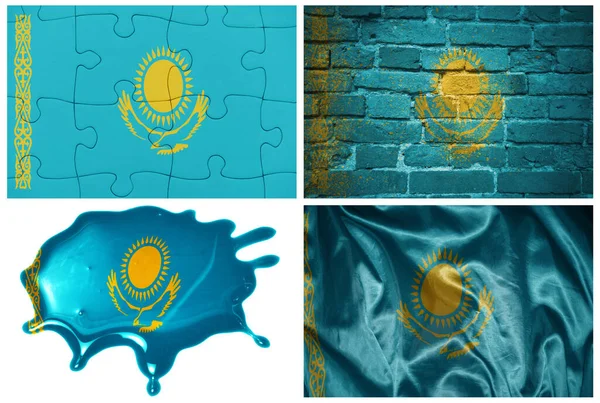 カザフスタンの国のカラフルな現実的な旗は 異なるスタイルと白い背景に異なるテクスチャを持つ 3Dイラスト — ストック写真