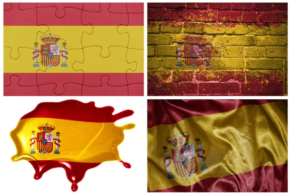 Národní Barevné Realistické Vlajky Španělska Různých Stylech Různými Texturami Bílém — Stock fotografie