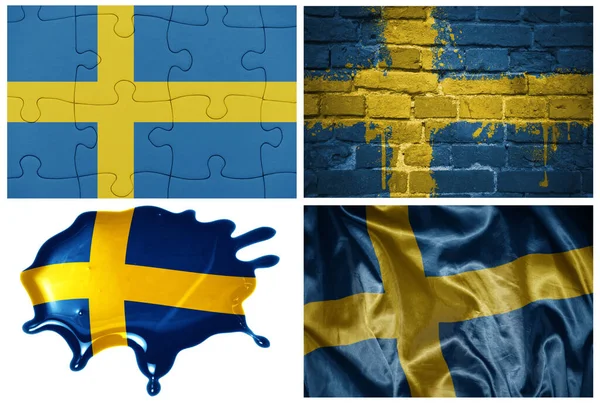 Narodowe Kolorowe Realistyczne Flagi Szwecji Różnych Stylach Różnych Fakturach Białym — Zdjęcie stockowe