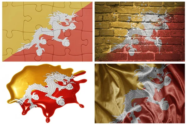 Farklı stillerde bhutan 'ın ulusal renkli gerçekçi bayrağı ve beyaz arka planda farklı dokuları var. Kolaj. 3B illüstrasyon