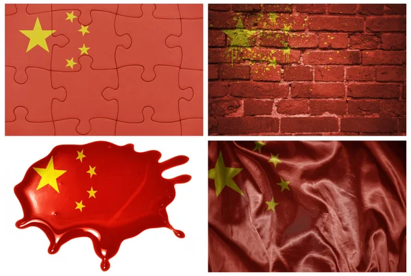 中国の国のカラフルな現実的な旗は 異なるスタイルと白の背景に異なるテクスチャで コラージュ 3Dイラスト — ストック写真