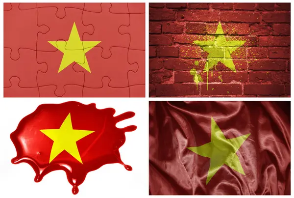 ベトナムの国のカラフルな現実的な旗は 異なるスタイルと白い背景に異なるテクスチャで コラージュ 3Dイラスト — ストック写真