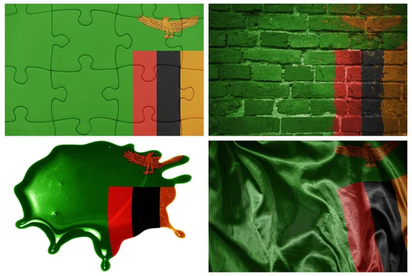 Εθνική Πολύχρωμη Ρεαλιστική Σημαία Της Zambia Διαφορετικά Στυλ Και Διαφορετικές — Φωτογραφία Αρχείου