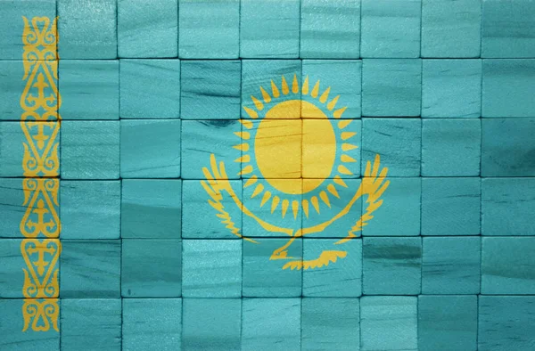 Colorful Painted Big National Flag Kazakhstan Wooden Cubes Texture Illustration — Stock Photo, Image