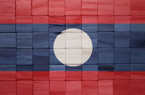 Bunt Bemalte Große Laotische Nationalflagge Auf Einem Holzwürfel Illustration — Stockfoto
