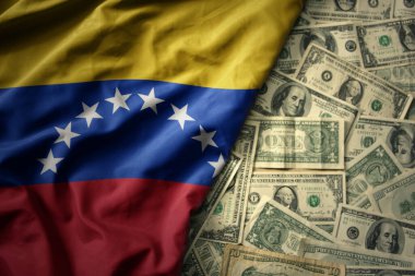 Venezuela 'nın ulusal bayrağını Amerikan dolarının arka planında sallayan büyük renkli bir bayrak. finans kavramı