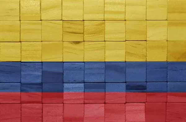 Colorido Pintado Grande Bandeira Nacional Colômbia Uma Textura Cubos Madeira — Fotografia de Stock