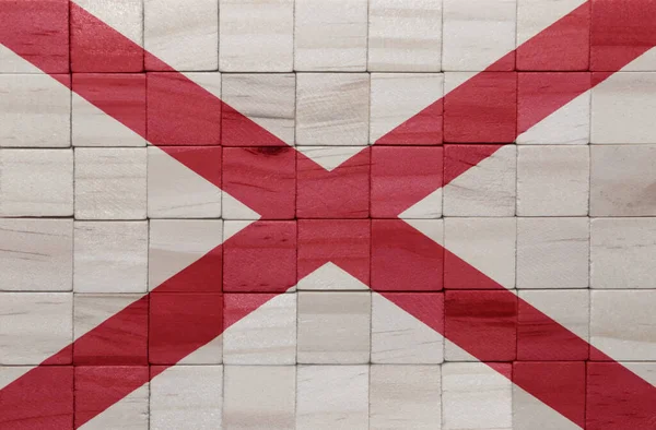 在木制立方体纹理上 彩绘了色彩艳丽的阿拉巴马州国旗 3D说明 — 图库照片