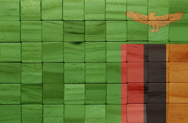 Πολύχρωμα Ζωγραφισμένα Μεγάλη Εθνική Σημαία Της Zambia Μια Ξύλινη Κυβάκια — Φωτογραφία Αρχείου