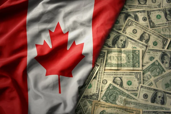Gran Colorido Ondeando Bandera Nacional Canadá Fondo Dinero Dólar Americano —  Fotos de Stock