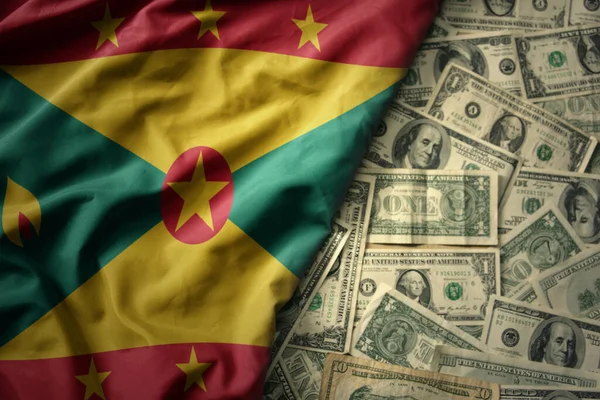 Big Colorful Waving National Flag Grenada American Dollar Money Background — Stock Photo, Image