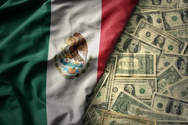 Grande Colorido Acenando Bandeira Nacional México Fundo Dinheiro Dólar Americano — Fotografia de Stock