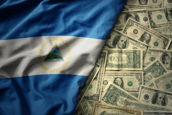 Big Colorful Waving National Flag Nicaragua American Dollar Money Background — Stock Photo, Image