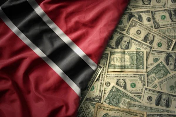 Wielka Kolorowa Flaga Trynidadu Tobago Amerykańskim Tle Pieniędzy Koncepcja Finansowania — Zdjęcie stockowe