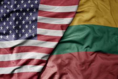 Amerika Birleşik Devletleri ve Litvanya 'nın ulusal bayrağını sallayan büyük bir bayrak. makro