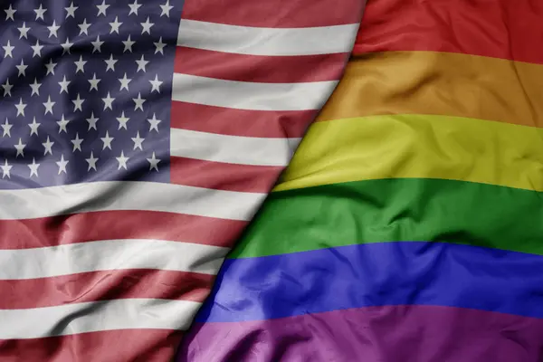 Grote Zwaaiende Vlag Van Verenigde Staten Van Amerika Regenboog Gay — Stockfoto