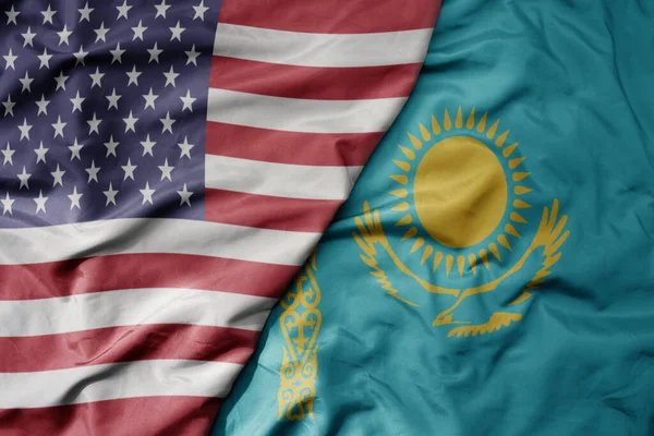 Big Waving Colorful Flag United States America National Flag Kazakhstan — Stock Photo, Image