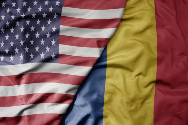 Big Waving Colorful Flag United States America National Flag Romania — Stock Photo, Image