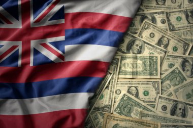 Hawaii eyaletinin bayrağını Amerikan dolarları üzerinde sallayan büyük renkli bir fon. finans kavramı