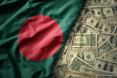 Bangladeş 'in ulusal bayrağını Amerikan dolarının arka planında sallayan büyük bir renk. finans kavramı