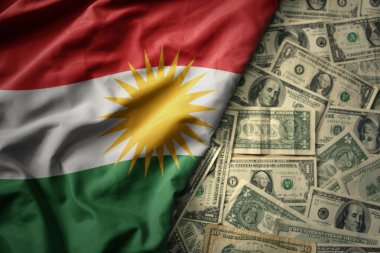 Amerikan dolarları üzerinde ulusal Kürdistan bayrağını sallayan büyük bir bayrak. finans kavramı
