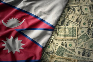 Amerikan dolarları üzerinde Nepal 'in ulusal bayrağını sallayan büyük, renkli bir bayrak. finans kavramı