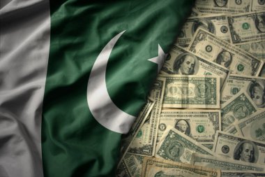 Pakistan 'ın ulusal bayrağını Amerikan dolarları üzerinde sallayan büyük bir bayrak. finans kavramı