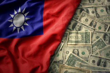 Büyük renkli Tayvan bayrağını Amerikan dolarları üzerinde sallıyor. finans kavramı