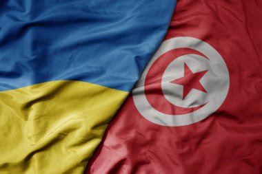 Ukrayna 'nın ulusal bayrağı ve Tunus' un ulusal bayrağı sallanıyor. makro