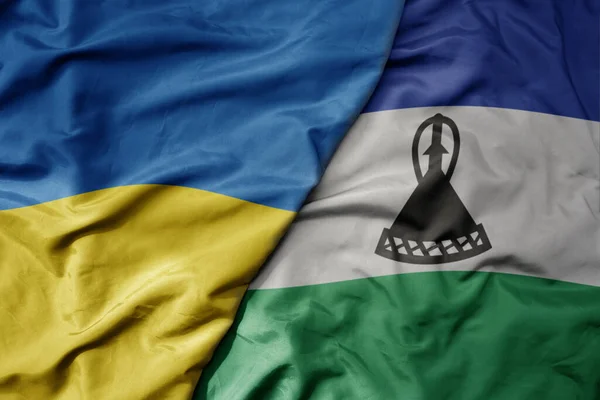 Gran Ondeando Bandera Nacional Colorida Ucrania Bandera Nacional Lesotho Macro —  Fotos de Stock