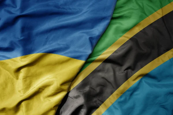 Big Waving National Colorful Flag Ukraine National Flag Tanzania Macro — Stock Photo, Image