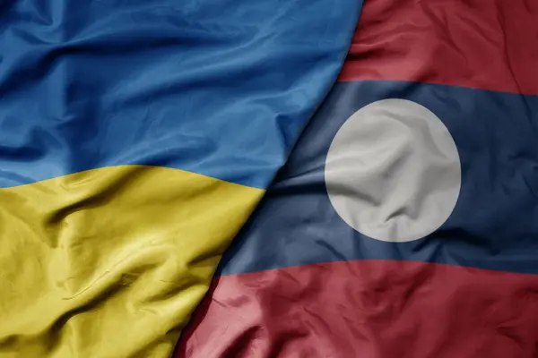 Big Waving National Colorful Flag Ukraine National Flag Laos Macro — Stock Photo, Image