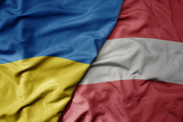 Big Waving National Colorful Flag Ukraine National Flag Austria Macro — Stock Photo, Image